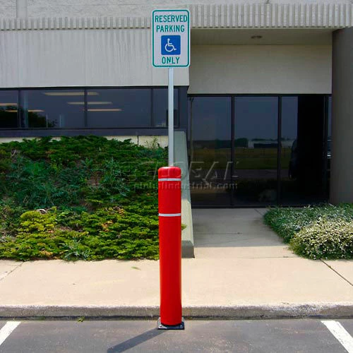 FlexPost 52"H FlexBollard with 8"H Sign Post - Asphalt Installation - Red Cover/White Tapes