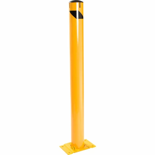 Global Industrial Floor Mount Round Safety Bollard With Plastic Cap w/Base, Yellow,5.5''x60"H